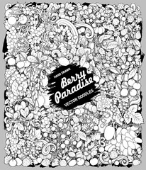 Highly detailed black and white hand-drawn doodle composition of berries, fruits, leaves, and flowers forming a dense botanical background
