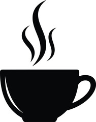 Black silhouette of a steaming coffee cup on white background.