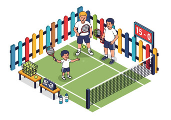 Illustration of men and woman playing tennis on a vibrant court with scoreboard and spectators © Chico Store