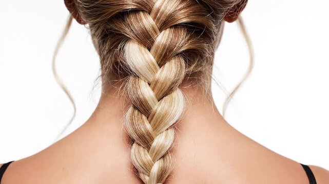Blonde woman's fishtail braid hairstyle, back view, hair styling, beauty, long hair