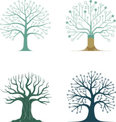 Four stylized trees with circuit board branches and natural branches © MdMezbahul
