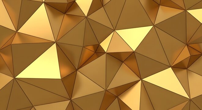 Abstract metallic gold low poly triangular pattern close up geometric surface with faceted pyramids reflecting warm light modern luxury background seamless tiled elegant glossy three dimensional