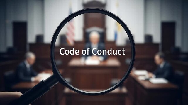 Code of Conduct Magnifying Glass Courtroom Scene Investigation Law Justice System