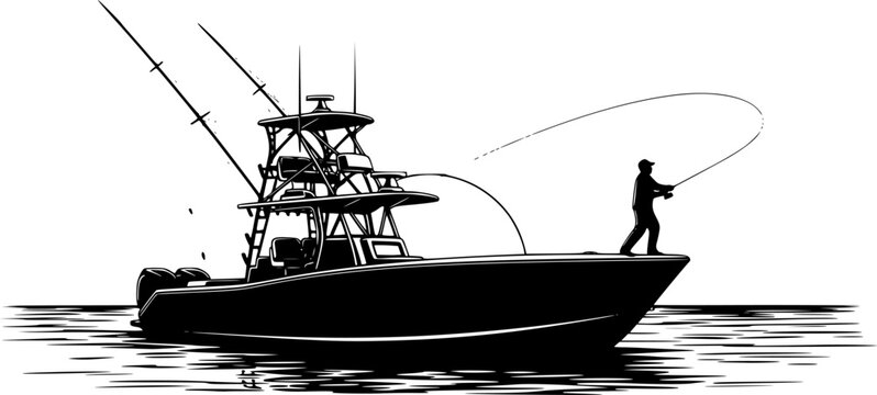 Silhouette fishing boat with fisherman casting line, offshore angler at sea, recreational fishing vessel, sport fishing adventure, marine outdoor illustration vector