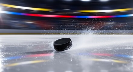 Obraz premium Hockey puck spinning on ice with ice spray and blurred stadium lights in background