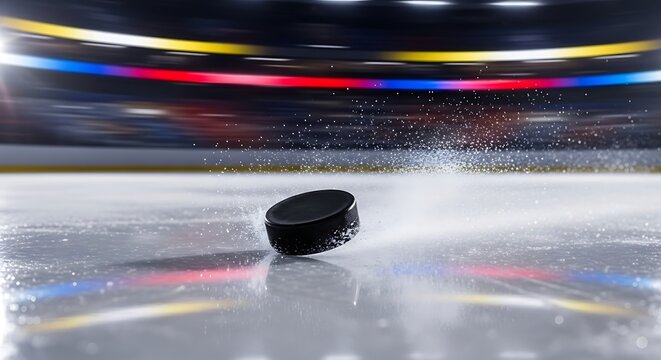 Hockey puck spinning on ice with ice spray and blurred stadium lights in background