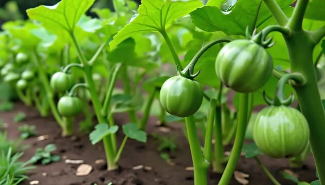 A backyard vegetable garden showing mature chayote plants laden with ripe fruits 