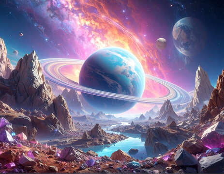 Crystal Ring Planet with Asteroids