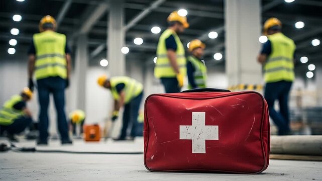 First aid kit on construction site with workers in background wearing safety gear