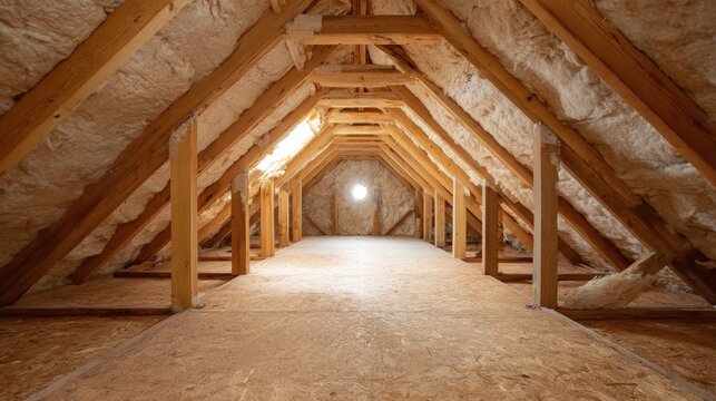 Spacious unfinished attic interior with wooden beams, insulation, and a round window