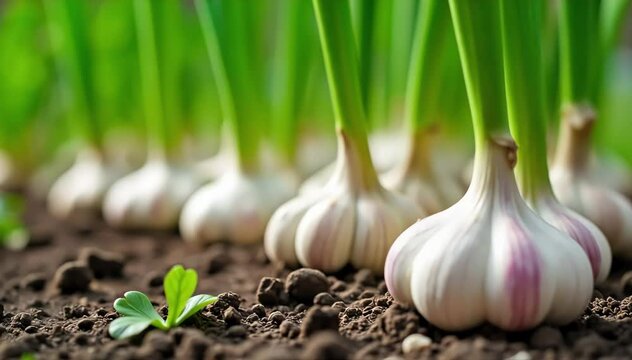 A backyard vegetable garden showing mature garlic plants with long green scapes 