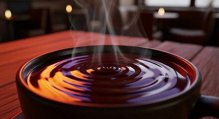 Obraz premium Steaming hot chocolate in a dark ceramic mug with ripples on a wooden table