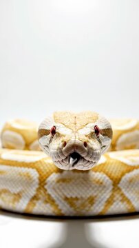 Close-up of a beautiful albino python snake coiled on a white background.