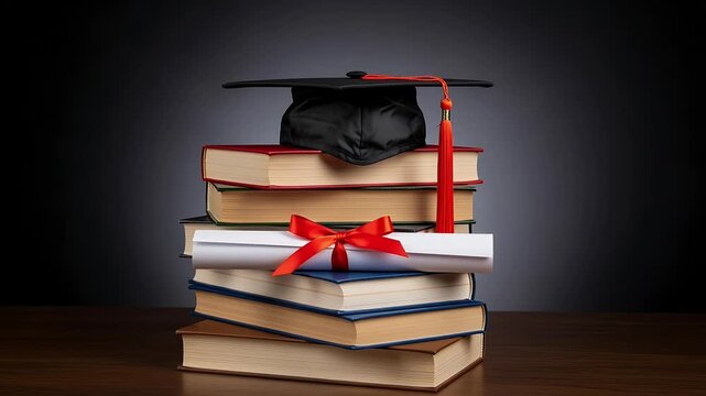 Graduation cap on stack of books with gift and diploma, symbolizing academic achievement and success in education