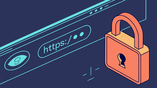 3D illustration of LCD display with focused www address and padlock symbol, symbolizing secure browsing and online protection.