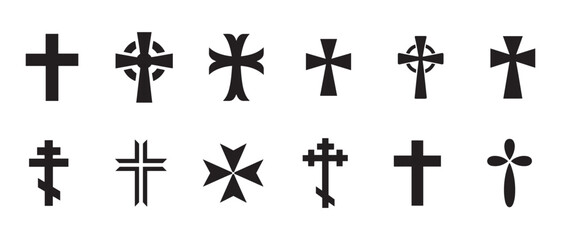 Collection of Christian Cross Symbols. Variety of Religious Icons, Celtic, Orthodox, and Traditional Designs.