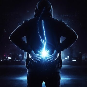 Hooded figure glowing blue light on back hacker cybersecurity concept dark background