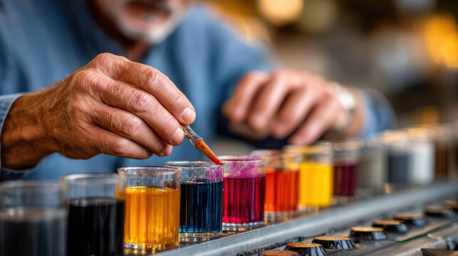 Senior hands dipping paintbrush into color cups on studio table