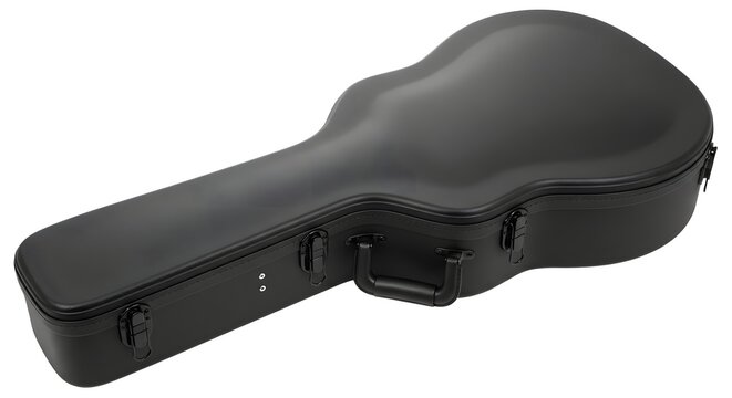 Black hard shell guitar case close up low angle showing latches handle zipper seam on white background studio lighting sleek protective compact lightweight molded interior storage