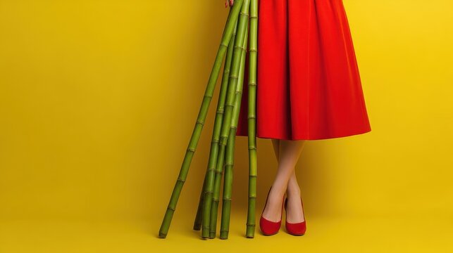 Fashionable woman in red dress and heels holding bamboo stalks
