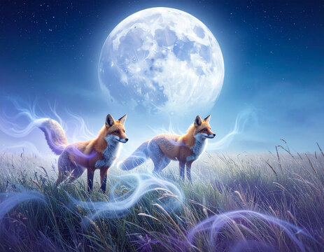 Nebula Foxes in Moonlit Meadow