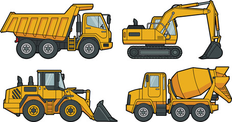 Yellow construction machinery set including dump truck, excavator, wheel loader and concrete mixer, heavy equipment vector illustration isolated on white background