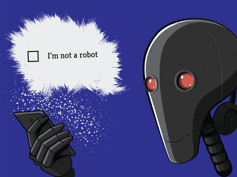 Robot Character Illustration &ndash; A Dark Robotic Figure Facing an "I'm Not a Robot" CAPTCHA Verification Prompt on a Smartphone Representing Cybersecurity Satire