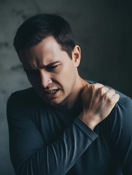 Man grimacing in pain touching his neck or shoulder with one hand wearing a dark long sleeve shirt on a dark background