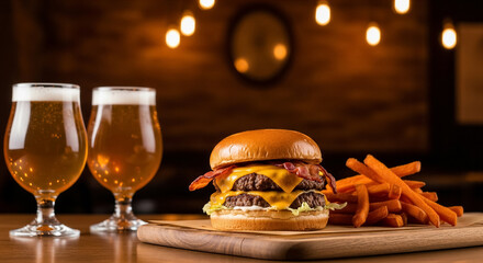 Double cheeseburger with bacon and sweet potato fries, two glasses of beer in a pub setting