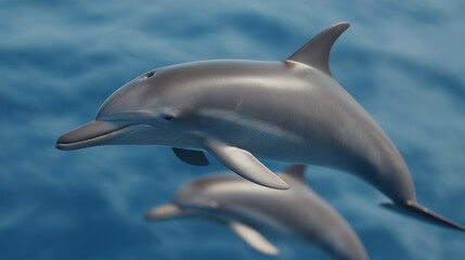 Fototapeta premium Couple of dolphins smoothly swimming underwater in blue ocean. Graceful marine mammal life and freedom concept for aquatic nature.