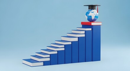 Three dimensional conceptual side view stack of blue books forming ascending steps with globe wearing mortarboard on top red book symbolizing education and academic achievement progress