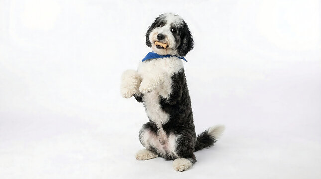 A playful Sheepadoodle puppy stands on hind legs, eager to receive a treat in a studio setting