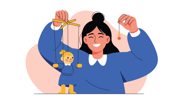 Cheerful young woman with a bright smile, happily operating a small puppet, symbolizing creativity, storytelling, and playful entertainment.