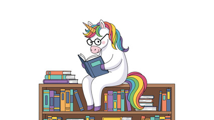 Whimsical unicorn wearing spectacles, diligently reading a book while perched comfortably atop a colorful bookshelf, symbolizing magical knowledge and imagination.