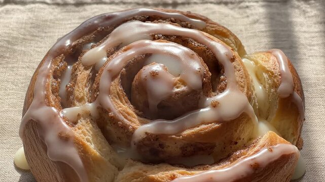 Delicious cinnamon roll, sweet pastry, icing drips, breakfast treat, dessert
