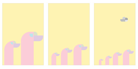 Abstract pink shapes with a small cloud in a minimalist yellow background.