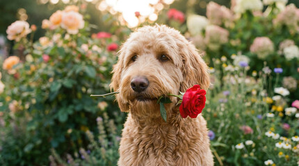 Golden Doodle Dog Holding a Red Rose in a Garden