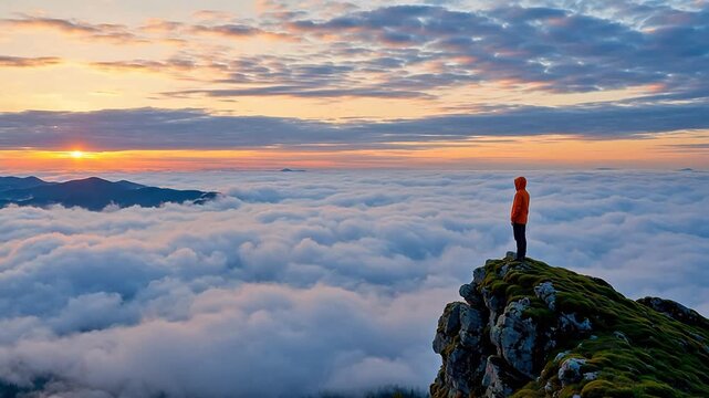 Person on cliff overlooking cloud sea at sunrise