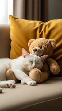 White cat sleeping with teddy bear on couch