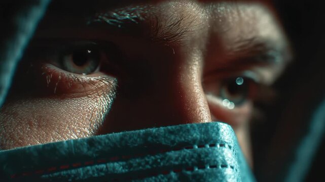 Intense gaze reveals emotions in a captivating close-up exploration of human resilience and vulnerability during uncertain times