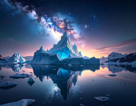 Sky-Merging Lake with Floating Icebergs