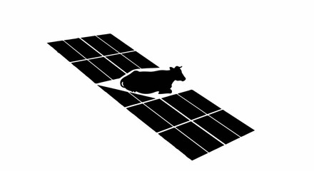 Cow silhouette rests on an array of solar panels, symbolizing sustainable farming.