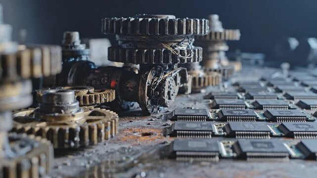 Close-up of rusty gears and computer chips, symbolizing the blend of old and new technology in a steampunk aesthetic.