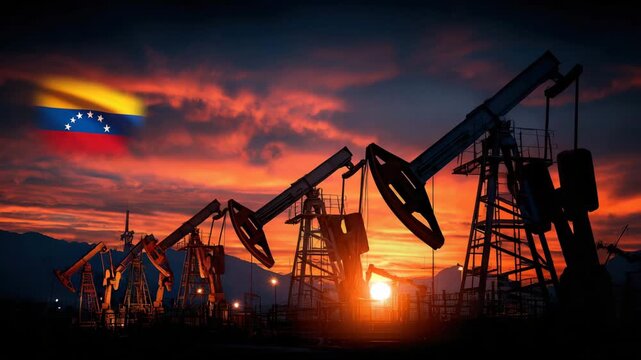 Vibrant sunset over oil rigs in Venezuela showcasing energy production and nature's beauty coexist in harmony