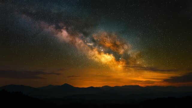 Vibrant night sky showcases the stunning Milky Way over serene mountain landscape at twilight, enchanting stargazers with its dazzling colors