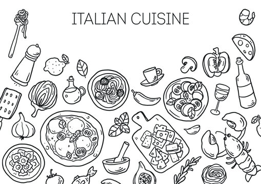 Hand drawn italian food sketch . Whimsical food and drink doodles. Hand drawn vector illustration for menu, packaging design. Italian cuisine quirky icons, simple sketch style. Minimalist line art