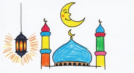 Childlike crayon and colored pencil sketch of a mosque with bright minarets and a hand-drawn crescent moon with a smiling face. Yellow scribbled lantern and visible crayon strokes on white