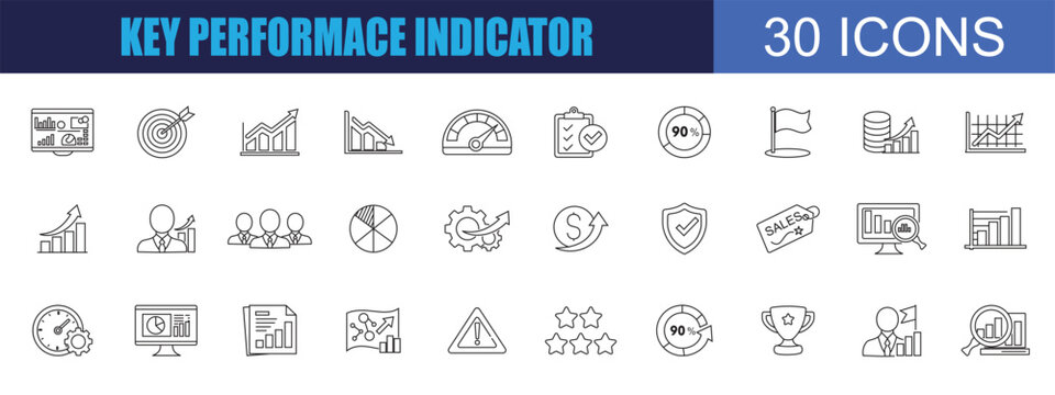 collection of key performace indicator icons, editable stroke.
