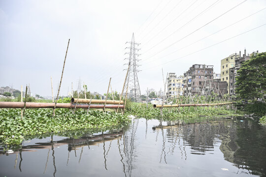Dhaka, Bangladesh - 09 September 2025: View of a makeshift bamboo bridge stretches across the water, reflecting the sky and the city buildings.