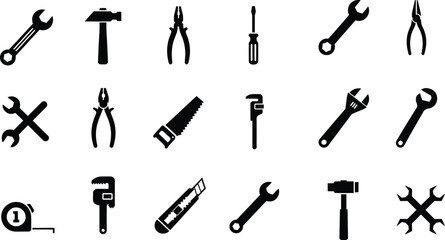 Naklejka premium Set of black hand tools icons isolated on white background for repair and construction